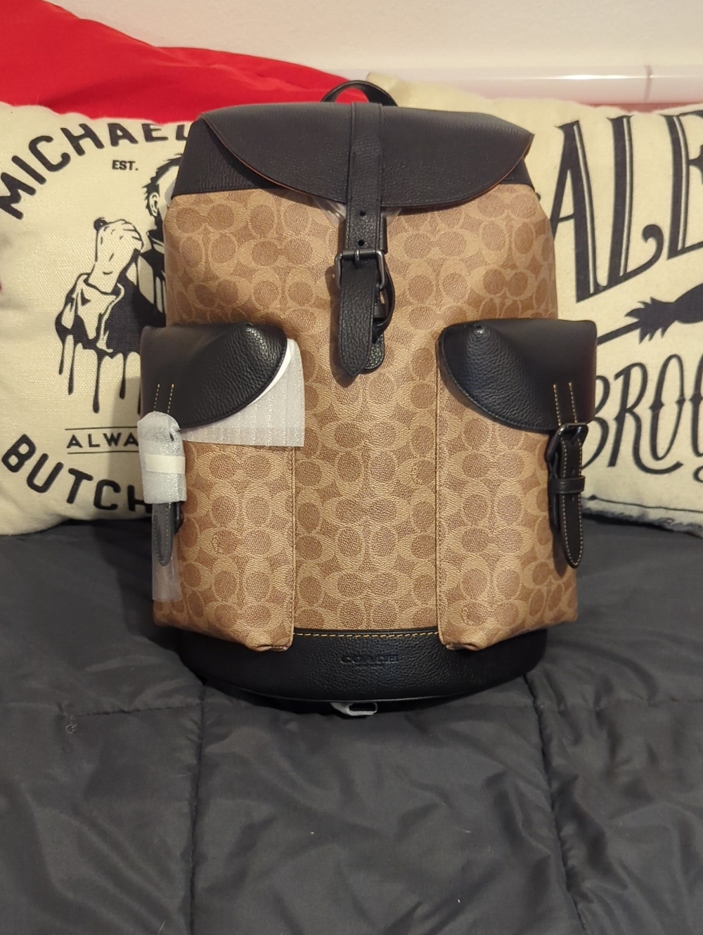 Coach Warner Unisex Men's Signature Backpack in Brown and Black Leather Trim